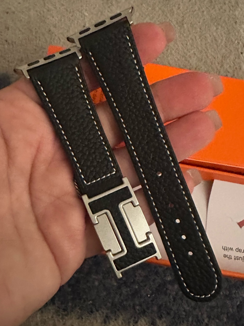 Apple Band Watch Strap Black Leather with Contrast White Stitching 42mm